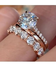 Elegant 4-Prong Zircon Solitaire 3-Piece Copper Wholesale Women Wedding Ring Set - Rose Gold