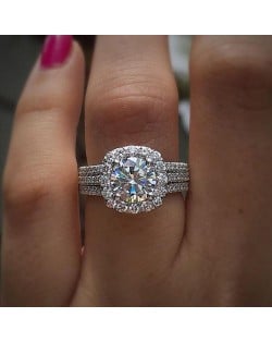 Luxurious Halo Zircon Copper Wholesale Women Wedding Ring - Platinum
