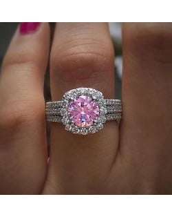 Luxurious Halo Zircon Copper Wholesale Women Wedding Ring - Pink