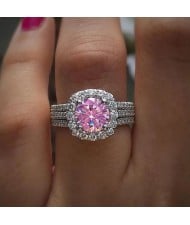 Luxurious Halo Zircon Copper Wholesale Women Wedding Ring - Pink