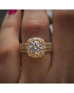 Luxurious Halo Zircon Copper Wholesale Women Wedding Ring - Gold