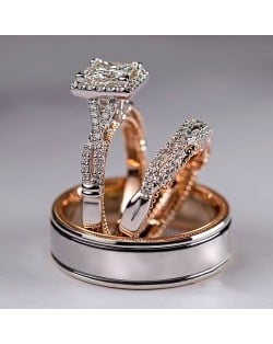Elegant 3-Piece Square Halo Cubic Zirconia Engagement Copper Wedding Ring Set