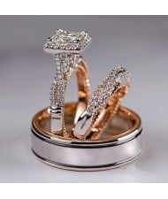 Elegant 3-Piece Square Halo Cubic Zirconia Engagement Copper Wedding Ring Set