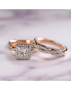 Elegant 2-Piece Square Halo Cubic Zirconia Engagement Copper Wedding Ring Set