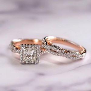 Elegant 2-Piece Square Halo Cubic Zirconia Engagement Copper Wedding Ring Set