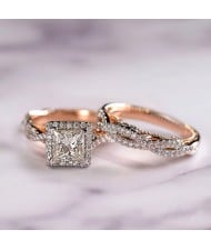 Elegant 2-Piece Square Halo Cubic Zirconia Engagement Copper Wedding Ring Set