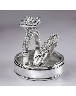 Elegant 3-Piece Square Halo Cubic Zirconia Engagement Copper Wedding Ring Set - Platinum