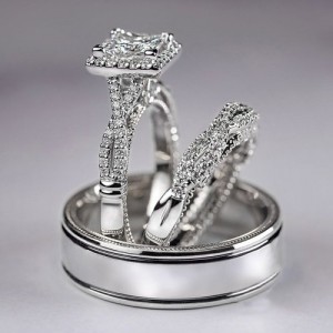 Elegant 3-Piece Square Halo Cubic Zirconia Engagement Copper Wedding Ring Set - Platinum