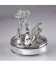 Elegant 3-Piece Square Halo Cubic Zirconia Engagement Copper Wedding Ring Set - Platinum