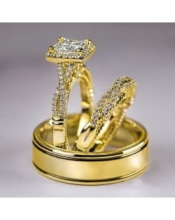 Elegant 3-Piece Square Halo Cubic Zirconia Engagement Copper Wedding Ring Set - Gold