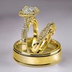 Elegant 3-Piece Square Halo Cubic Zirconia Engagement Copper Wedding Ring Set - Gold