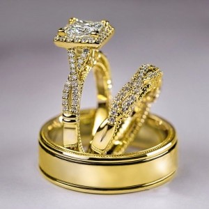 Elegant 3-Piece Square Halo Cubic Zirconia Engagement Copper Wedding Ring Set - Gold