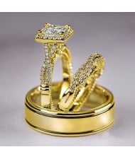 Elegant 3-Piece Square Halo Cubic Zirconia Engagement Copper Wedding Ring Set - Gold