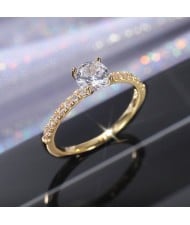 Classic 6-Prong Zircon Solitaire Copper Wholesale Women Wedding Ring - Gold