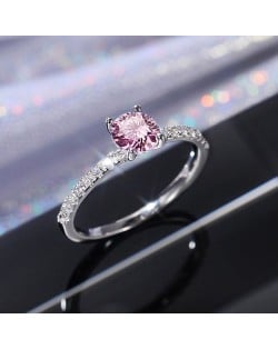 Classic 6-Prong Pink Zircon Solitaire Copper Wholesale Women Wedding Ring - Platinum