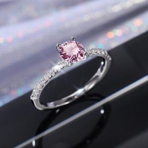 Classic 6-Prong Pink Zircon Solitaire Copper Wholesale Women Wedding Ring - Platinum