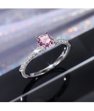Classic 6-Prong Pink Zircon Solitaire Copper Wholesale Women Wedding Ring - Platinum