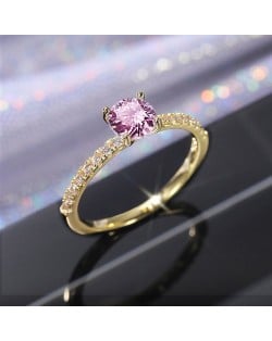 Classic 6-Prong Pink Zircon Solitaire Copper Wholesale Women Wedding Ring - Gold