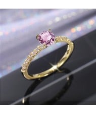 Classic 6-Prong Pink Zircon Solitaire Copper Wholesale Women Wedding Ring - Gold
