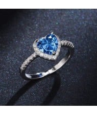 Sweet Peach Heart Zircon Copper Wholesale Women Wedding Ring - Blue