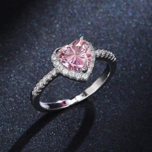 Sweet Pink Peach Heart Zircon Copper Wholesale Women Wedding Ring - Pink