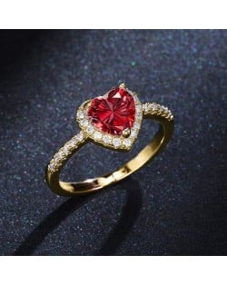 Sweet Peach Heart Zircon Copper Wholesale Women Wedding Golden Ring - Red