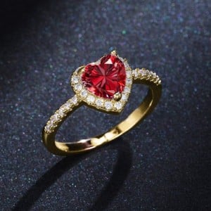 Sweet Peach Heart Zircon Copper Wholesale Women Wedding Golden Ring - Red