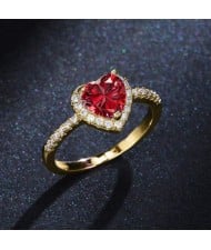 Sweet Peach Heart Zircon Copper Wholesale Women Wedding Golden Ring - Red