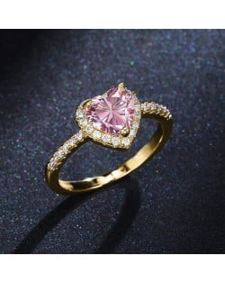 Sweet Peach Heart Zircon Copper Wholesale Women Wedding Golden Ring - Pink