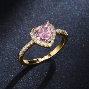 Sweet Peach Heart Zircon Copper Wholesale Women Wedding Golden Ring - Pink