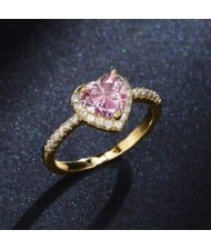 Sweet Peach Heart Zircon Copper Wholesale Women Wedding Golden Ring - Pink