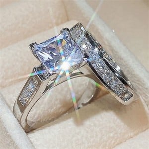 Elegant Princess Cut Zircon Solitaire Copper Wholesale Women Wedding Ring - Platinum