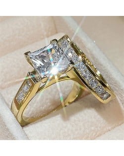 Elegant Princess Cut Zircon Solitaire Copper Wholesale Women Wedding Ring - Gold
