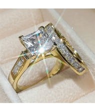 Elegant Princess Cut Zircon Solitaire Copper Wholesale Women Wedding Ring - Golden