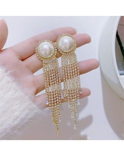 Sparkling Pearl Cubic Zirconia Long Copper Wholesale Women Tassel Earrings
