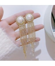 Sparkling Pearl Cubic Zirconia Long Copper Wholesale Women Tassel Earrings