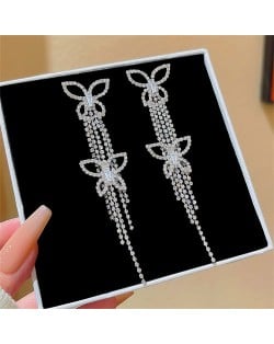 Sparkling Double Butterfly Cubic Zirconia Long Copper Wholesale Women Tassel Earrings