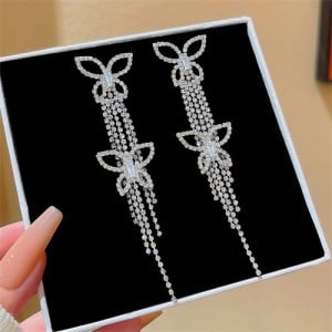 Sparkling Double Butterfly Cubic Zirconia Long Copper Wholesale Women Tassel Earrings