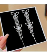 Sparkling Double Butterfly Cubic Zirconia Long Copper Wholesale Women Tassel Earrings