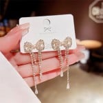 Sparkling Bow Cubic Zirconia Pearl Long Copper Wholesale Women Tassel Earrings