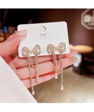 Sparkling Bow Cubic Zirconia Pearl Long Copper Wholesale Women Tassel Earrings