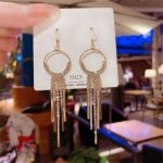 Sparkling Golden Hoop Bar Cubic Zirconia Long Copper Wholesale Women Tassel Earrings