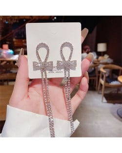 Sparkling Loop Bow Cubic Zirconia Long Copper Wholesale Women Tassel Earrings