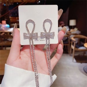 Sparkling Loop Bow Cubic Zirconia Long Copper Wholesale Women Tassel Earrings