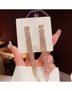 Sparkling Golden Wide Bar Cubic Zirconia Long Copper Wholesale Women Tassel Earrings