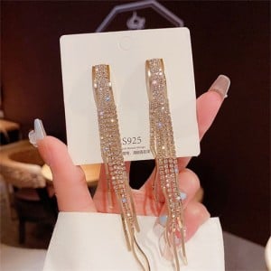 Sparkling Golden Wide Bar Cubic Zirconia Long Copper Wholesale Women Tassel Earrings