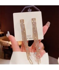 Sparkling Golden Wide Bar Cubic Zirconia Long Copper Wholesale Women Tassel Earrings