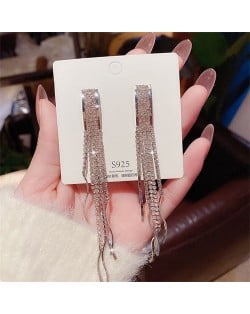 Sparkling Silver Wide Bar Cubic Zirconia Long Copper Wholesale Women Tassel Earrings