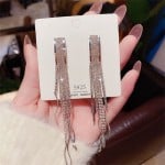 Sparkling Silver Wide Bar Cubic Zirconia Long Copper Wholesale Women Tassel Earrings