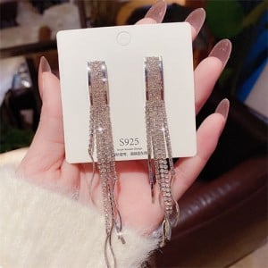 Sparkling Silver Wide Bar Cubic Zirconia Long Copper Wholesale Women Tassel Earrings